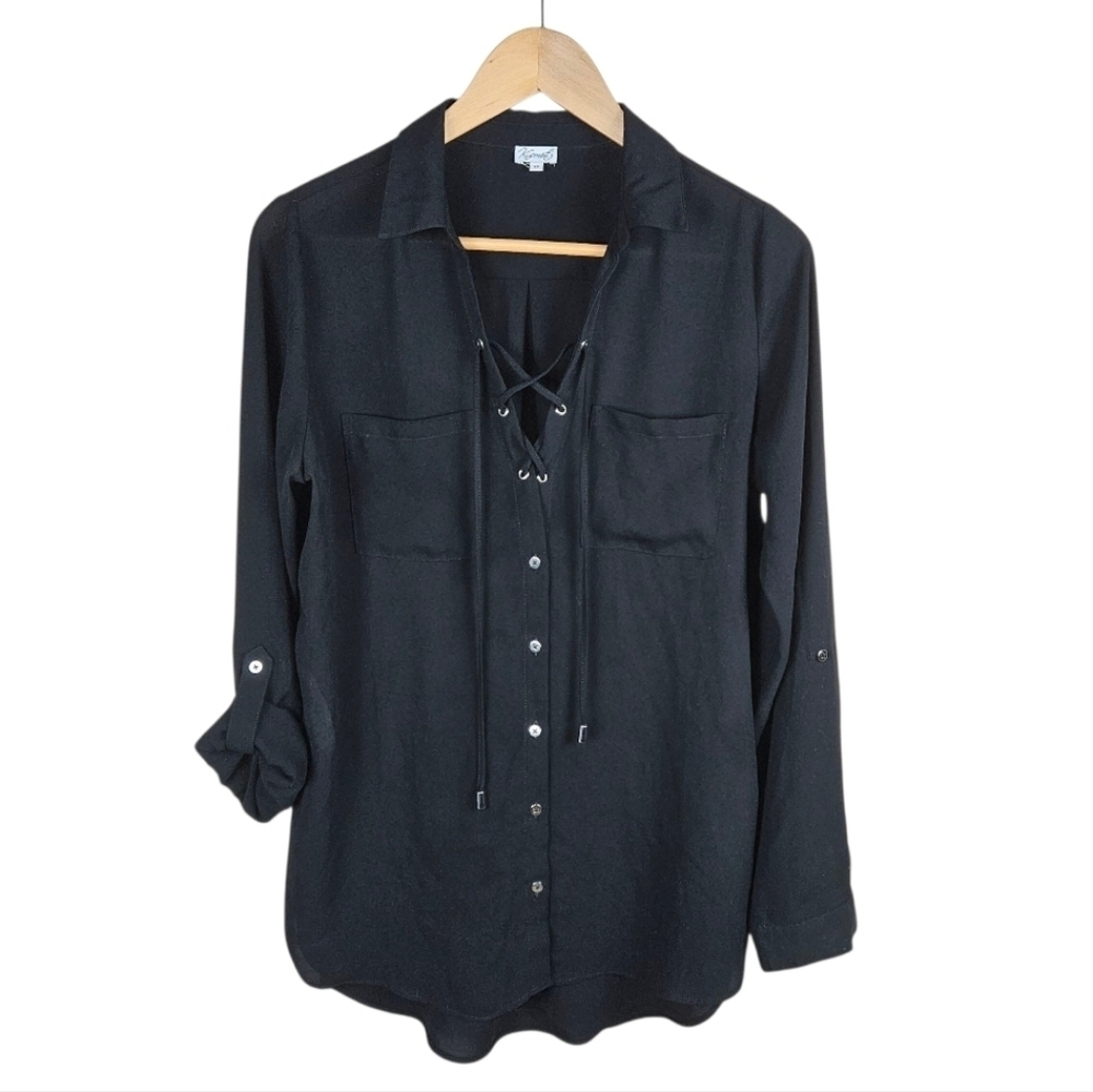 Kismet Black 3/4 Sleeve Button Down Shirt with Tie Detail